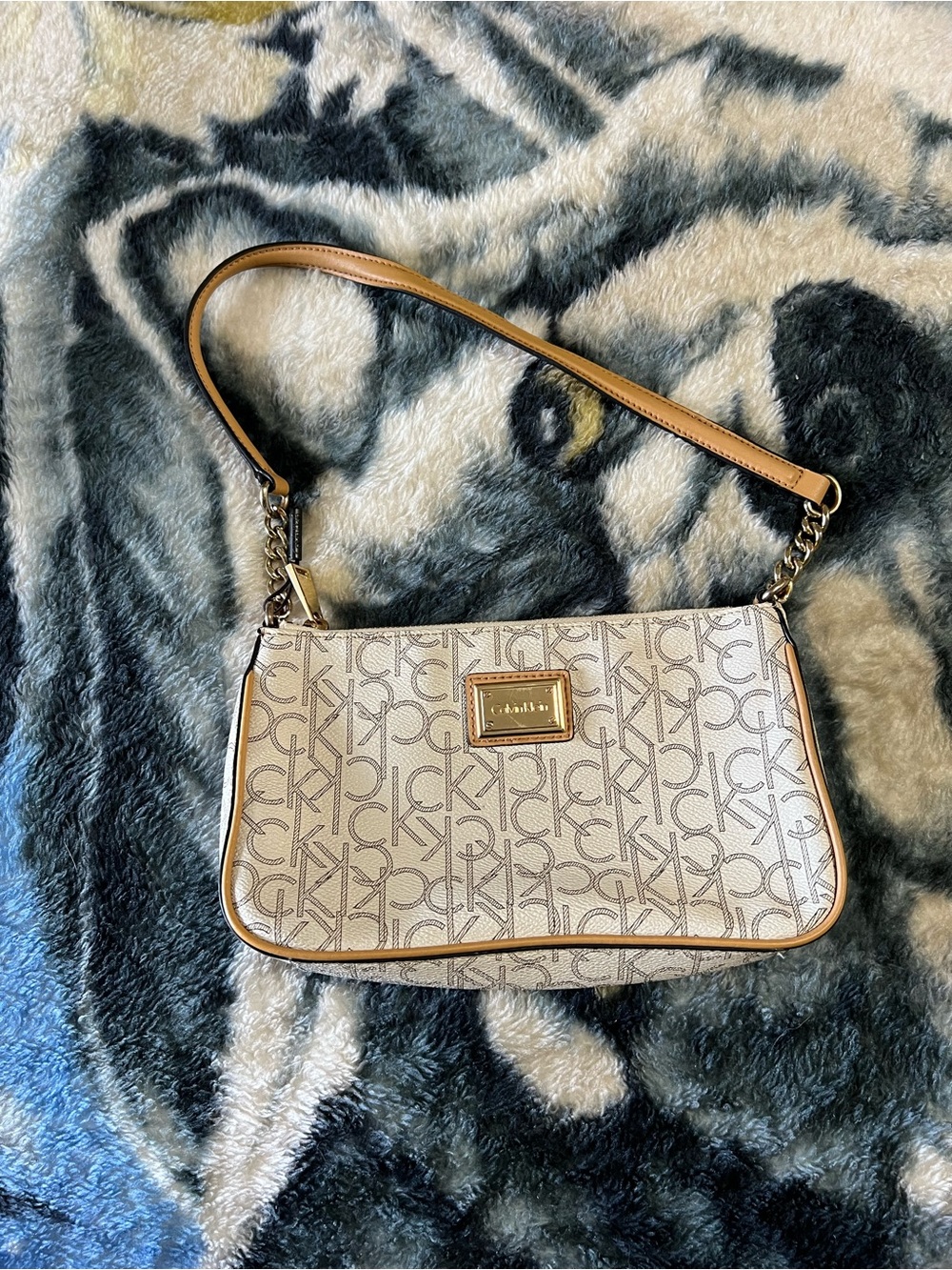 Calvin Klein Cream Monogram Shoulder Bag with Tan Trim